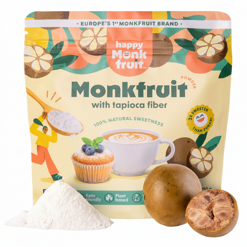 Happy Monkfruit monk fruit powder with tapioca fibre, 200 g resealable pouch