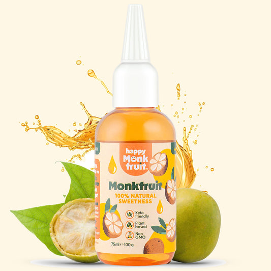 Happy Monkfruit Drops 75 ml bottle of liquid monk fruit sweetener with fresh monk fruit and leaves