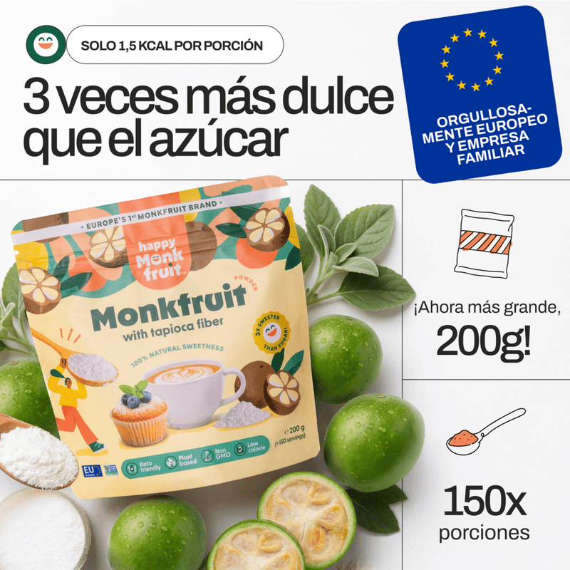 3x sweeter than sugar · proudly European · 200 g / 150 portions