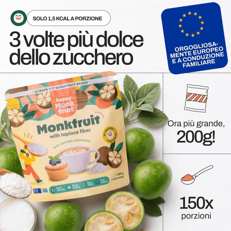 3x sweeter than sugar · proudly European · 200 g / 150 portions