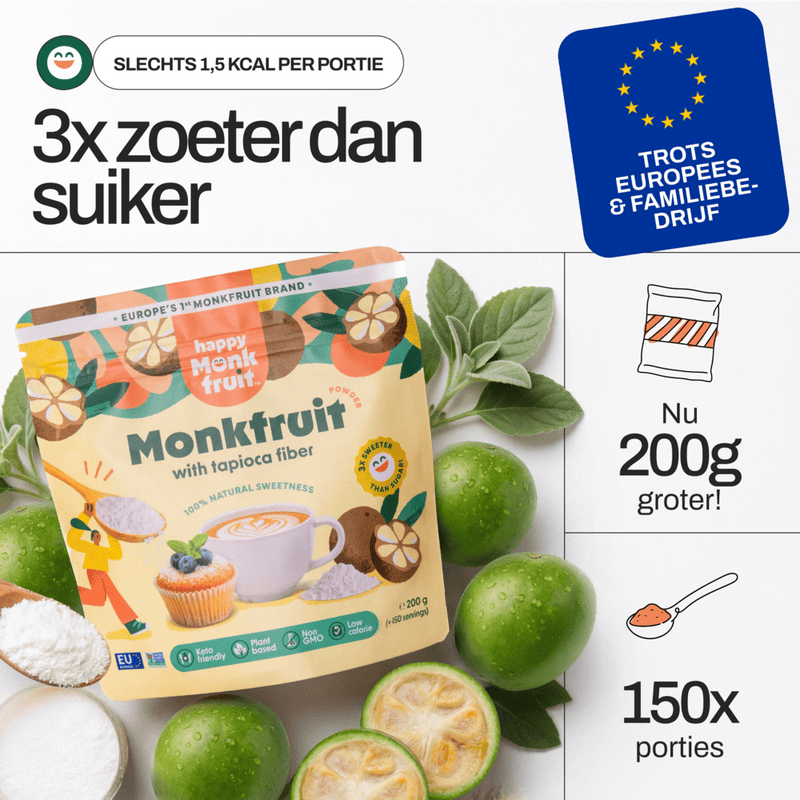 3x sweeter than sugar · proudly European · 200 g / 150 portions