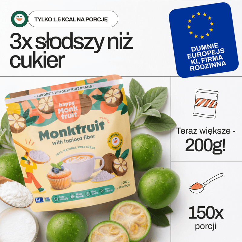 3x sweeter than sugar · proudly European · 200 g / 150 portions