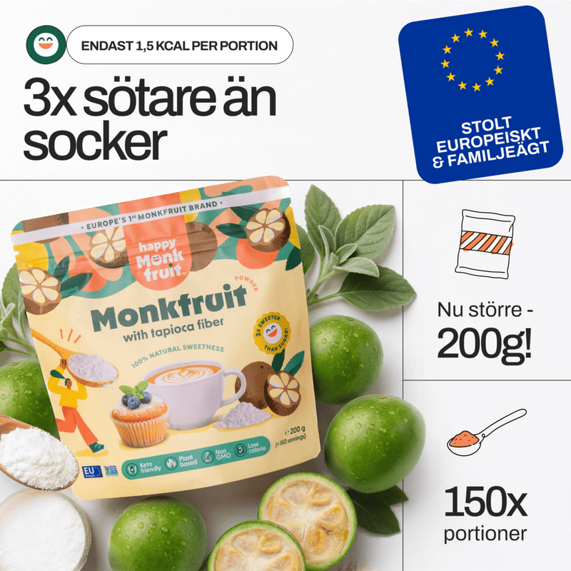 3x sweeter than sugar · proudly European · 200 g / 150 portions