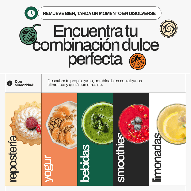 Find your perfect sweet match · baking, yogurt, drinks, smoothies, lemonades