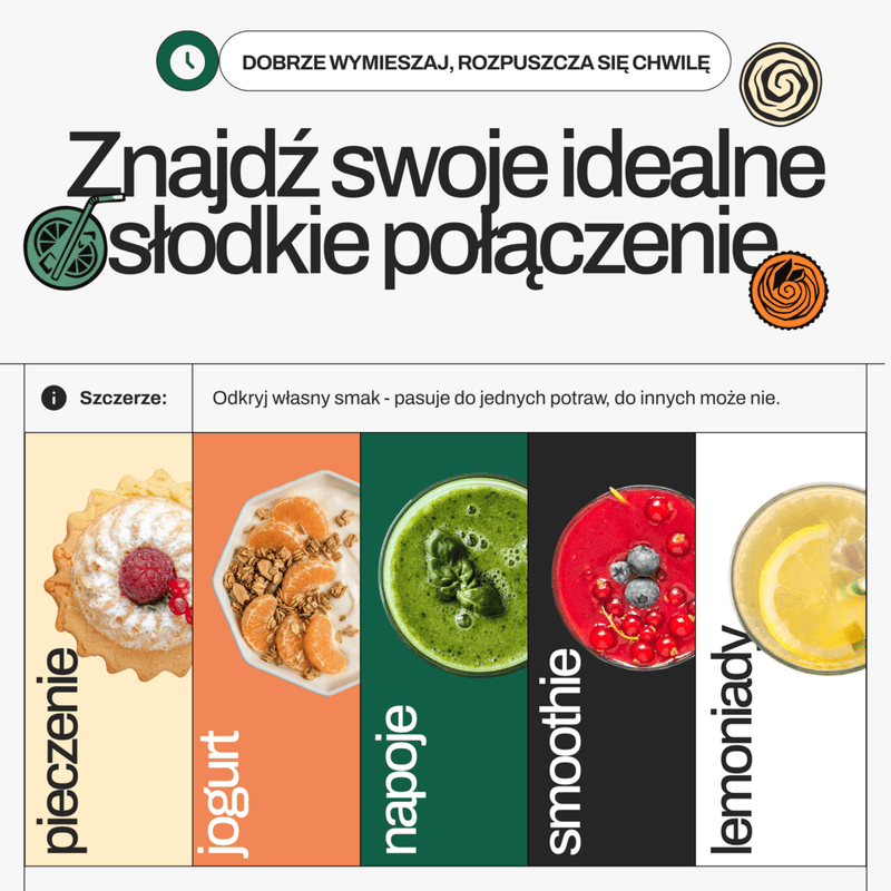 Find your perfect sweet match · baking, yogurt, drinks, smoothies, lemonades