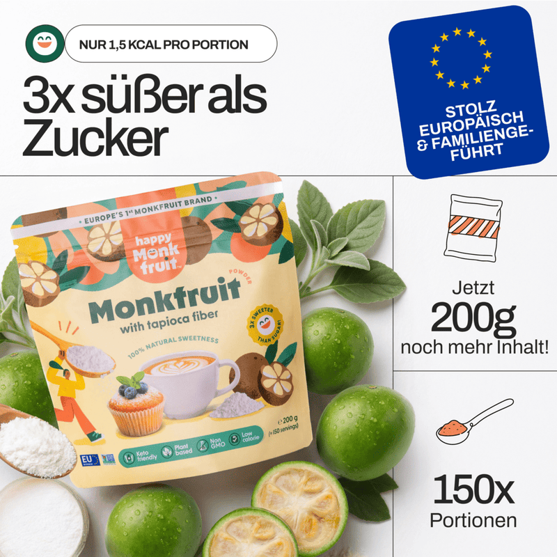 3x sweeter than sugar · proudly European · 200 g / 150 portions