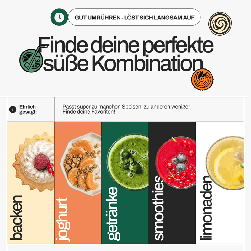 Find your perfect sweet match · baking, yogurt, drinks, smoothies, lemonades