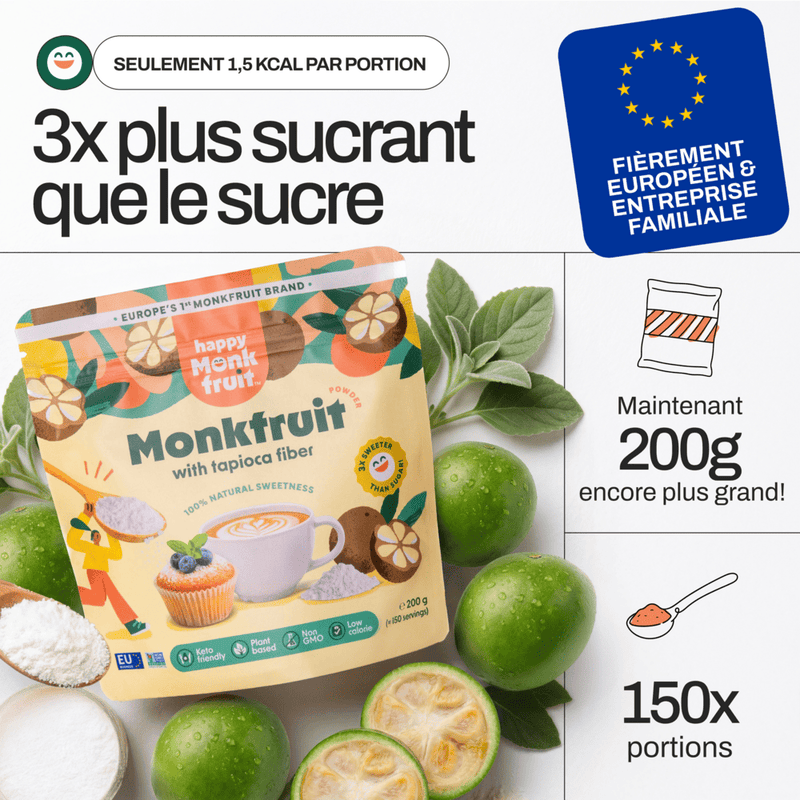 3x sweeter than sugar · proudly European · 200 g / 150 portions