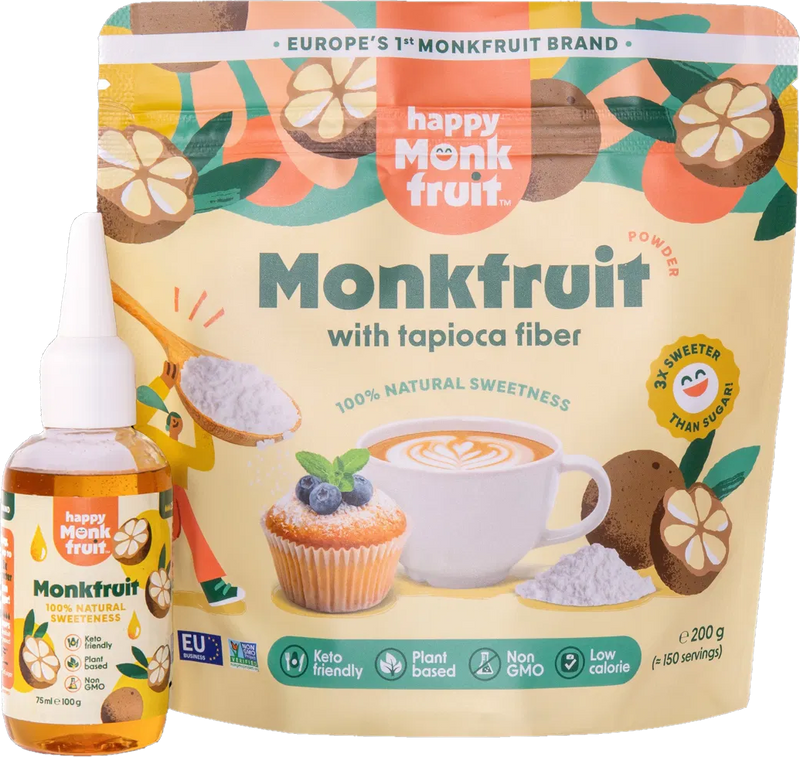 Happy Monkfruit Powder pouch and Liquid Drops bottle — 100% natural sweetness
