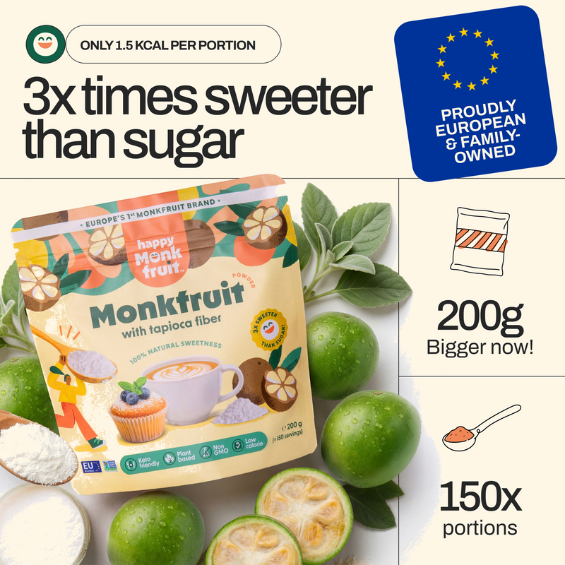 3x sweeter than sugar · proudly European · 200 g / 150 portions